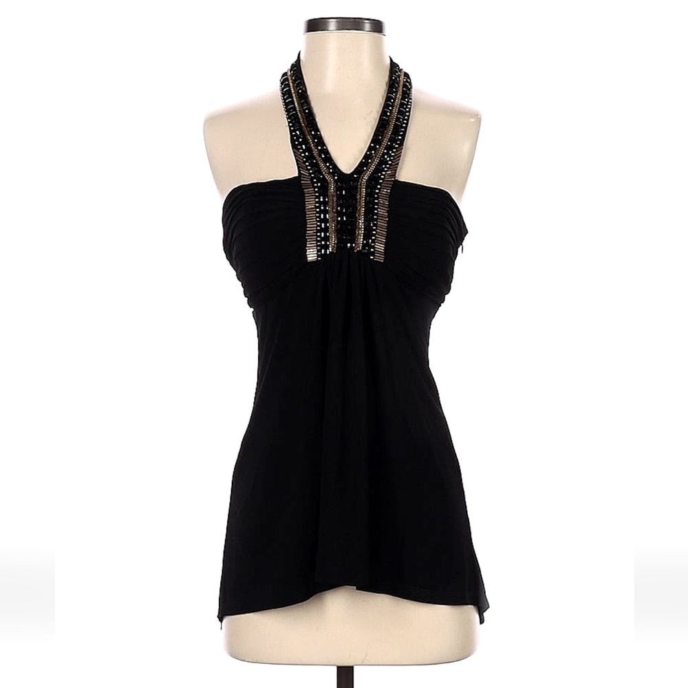 NWOT Cache Metal Chain and Glass Beaded V-Neck Halter High Low Top Size Small.